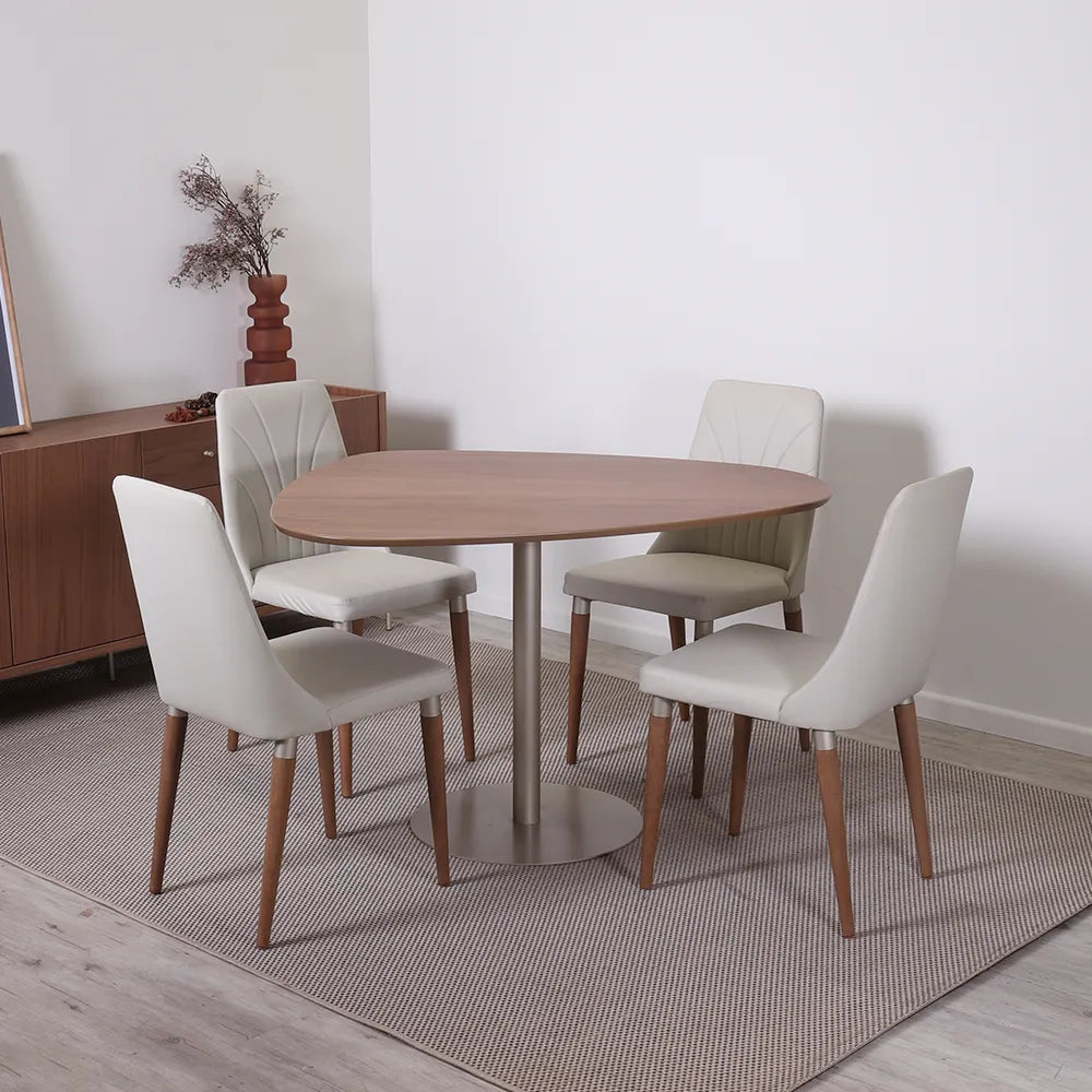 Conjunto de Jantar Mesa Orgânica Kalyx 4 Cadeiras Lara - Champanhe c/ Canella - PU Off White