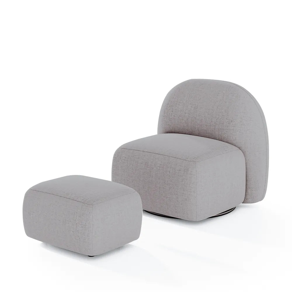 Conjunto Poltrona Giratória e Puff Estofados Aurora - Linho Texturizado Cinza