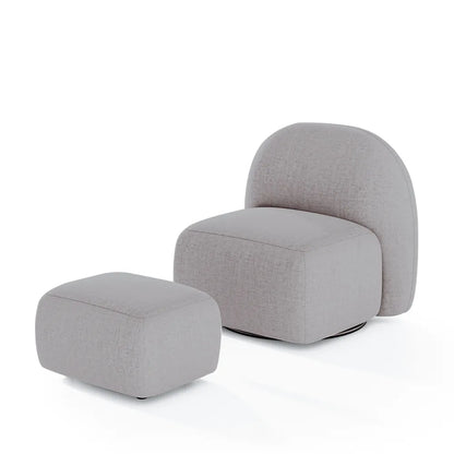 Conjunto Poltrona Giratória e Puff Estofados Aurora - Linho Texturizado Cinza