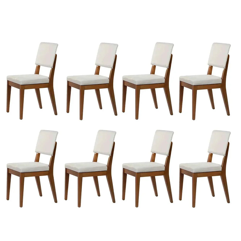 Conjunto com 8 Cadeiras de Madeira Maciça Estofada Ella - Natural c/ Linho Off White