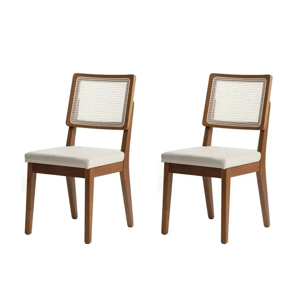 Conjunto de 2 Cadeiras de Madeira Maciça Estofada Saga - Natural c/ Linho Mescla Cru - Palhinha