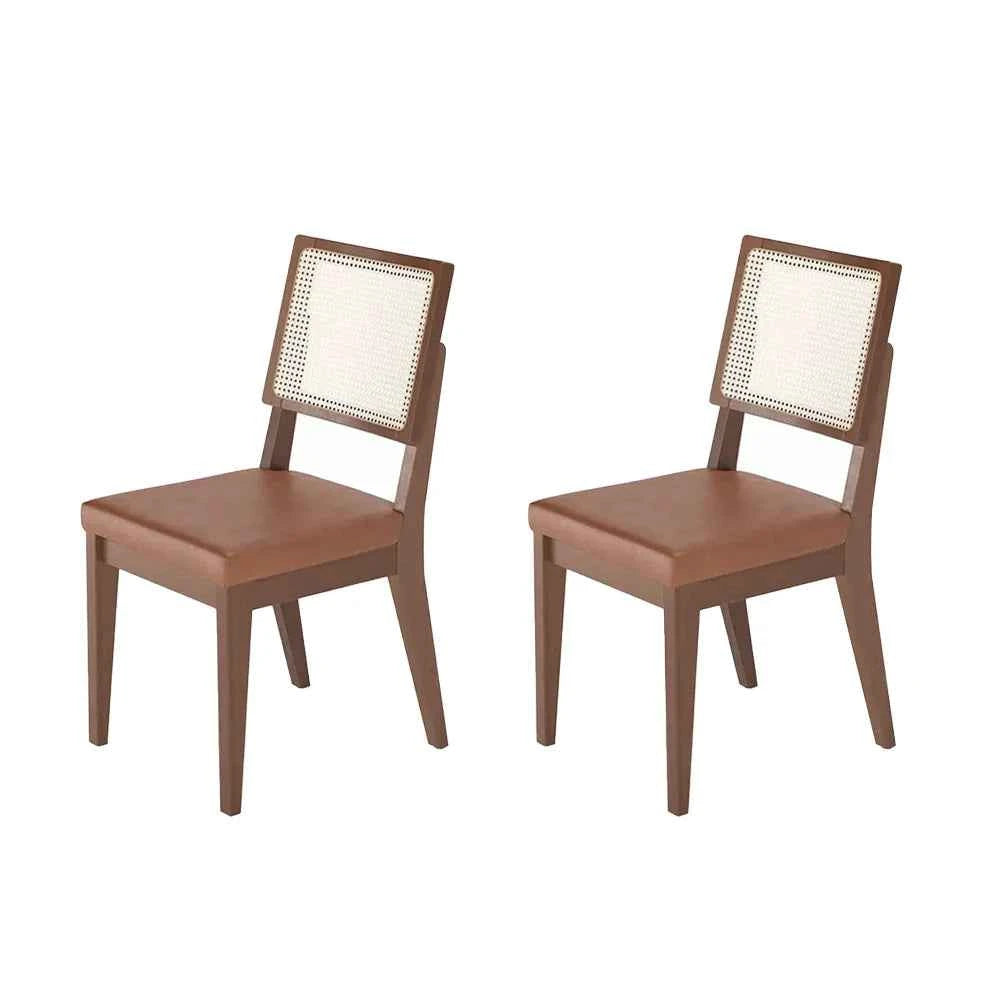 Conjunto de 2 Cadeiras de Madeira Maciça Estofada Saga - Natural c/ PU Caramelo - Palhinha