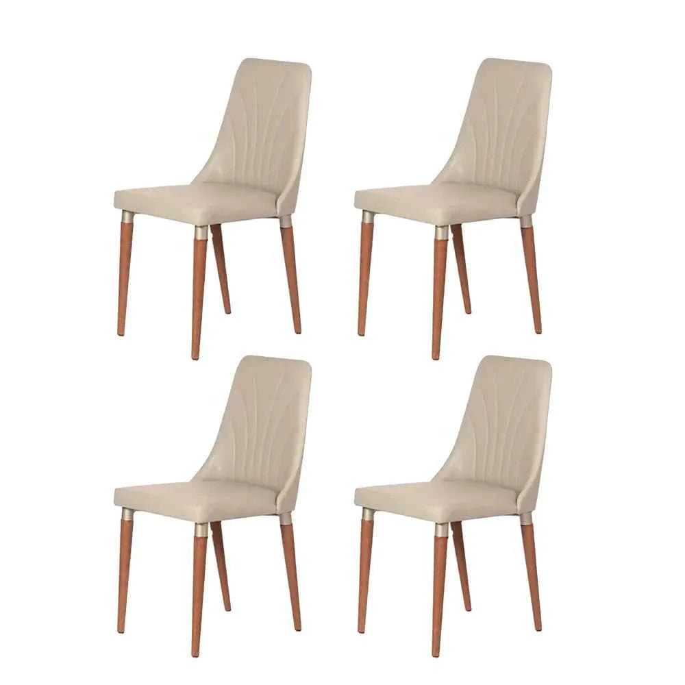Conjunto de 4 Cadeiras de Madeira Maciça Estofada Lara - Natural c/ PU Off White - Champanhe