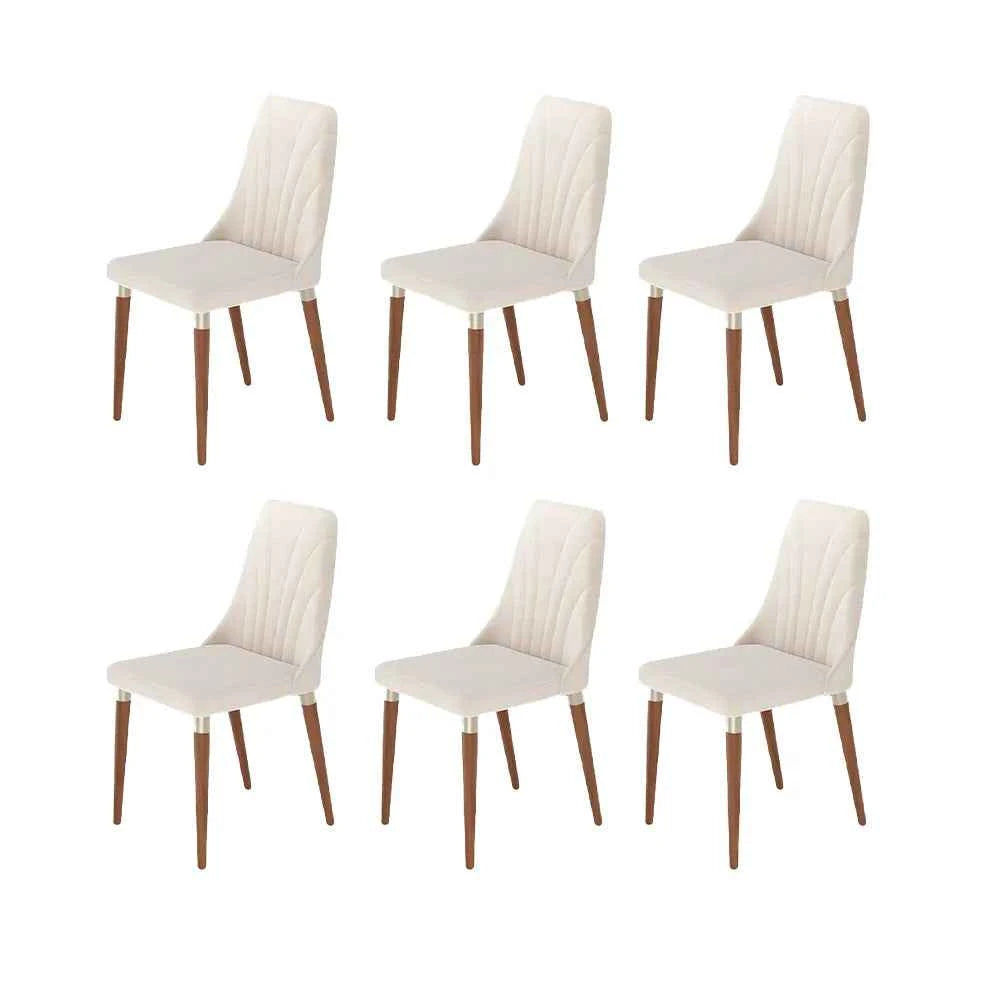 Conjunto de 6 Cadeiras de Madeira Maciça Estofada Lara - Natural c/ Linho Off White - Champanhe