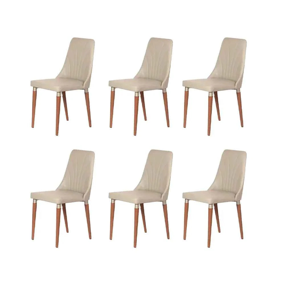 Conjunto de 6 Cadeiras de Madeira Maciça Estofada Lara - Natural c/ PU Off White - Champanhe
