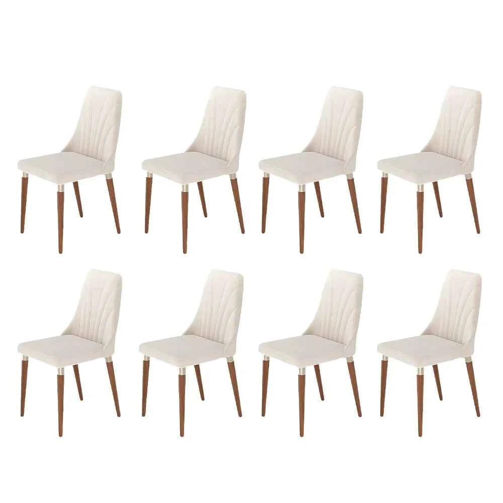 Conjunto de 8 Cadeiras de Madeira Maciça Estofada Lara - Natural c/ Linho Off White - Champanhe