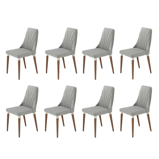 Conjunto de 8 Cadeiras de Madeira Maciça Estofada Lara - Natural c/ Linho Cinza - Champanhe