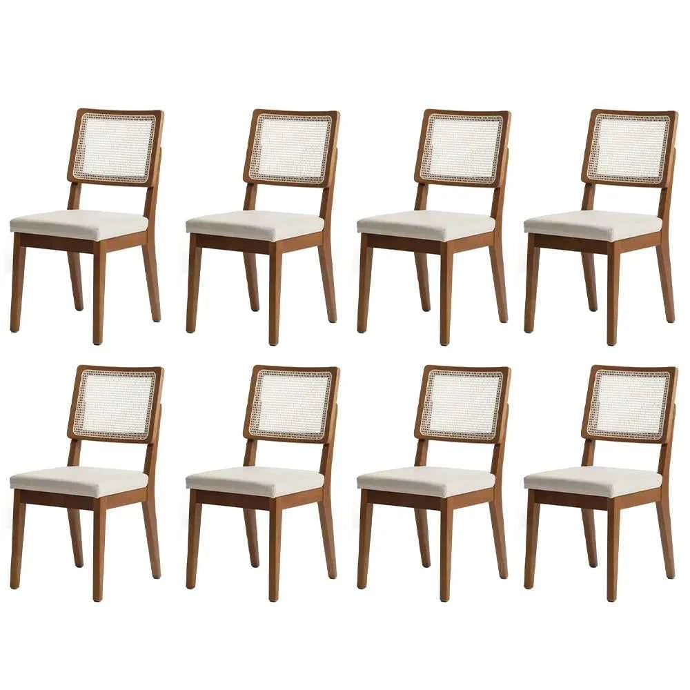 Conjunto de 8 Cadeiras de Madeira Maciça Estofada com Palhinha Saga - Natural c/ Linho Mescla Cru