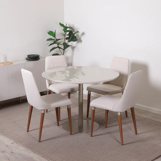 Conjunto de Jantar Mesa Redonda com Vidro Cloe 4 Cadeiras Lara - Champanhe c/ Off White