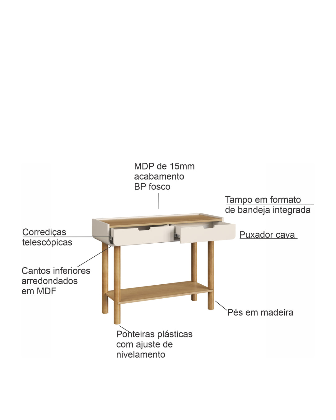 Aparador Orgânico 2 Gavetas Yume 100 cm - Off-White c/ Mel