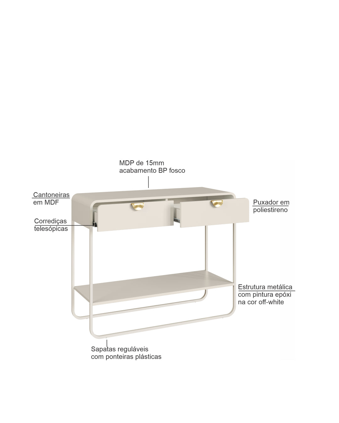 Aparador 2 Gavetas 1 Prateleira Pés em Aço Dunna 100 cm - Off White c/ Dourado