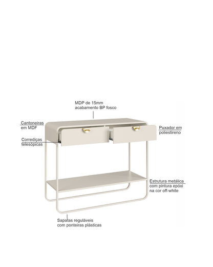 Aparador 2 Gavetas 1 Prateleira Pés em Aço Dunna 100 cm - Off White c/ Dourado