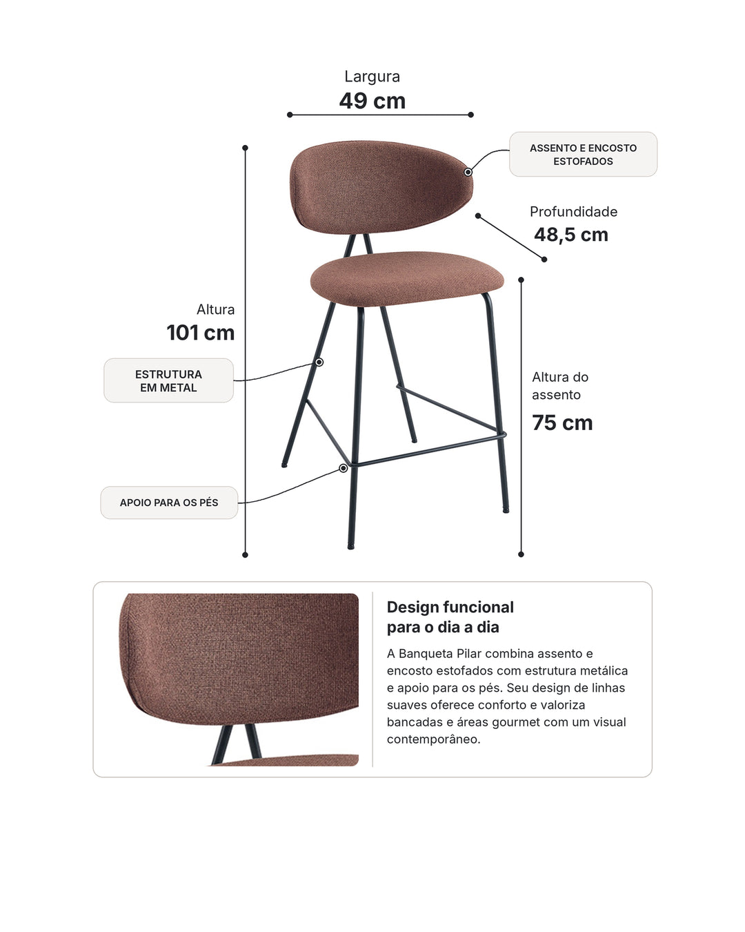 Banqueta Alta de Aço Estofada Elora - Marrom
