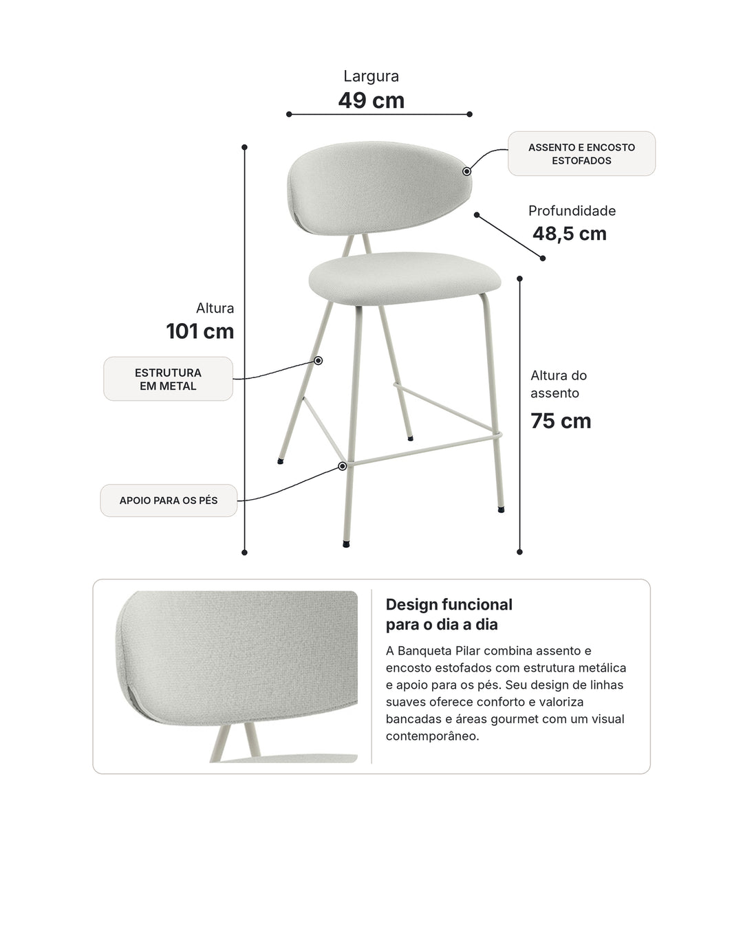 Banqueta Alta de Aço Estofada Elora - Off White