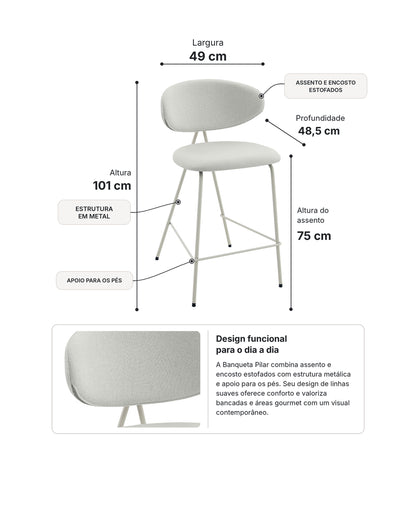 Banqueta Alta de Aço Estofada Elora - Off White