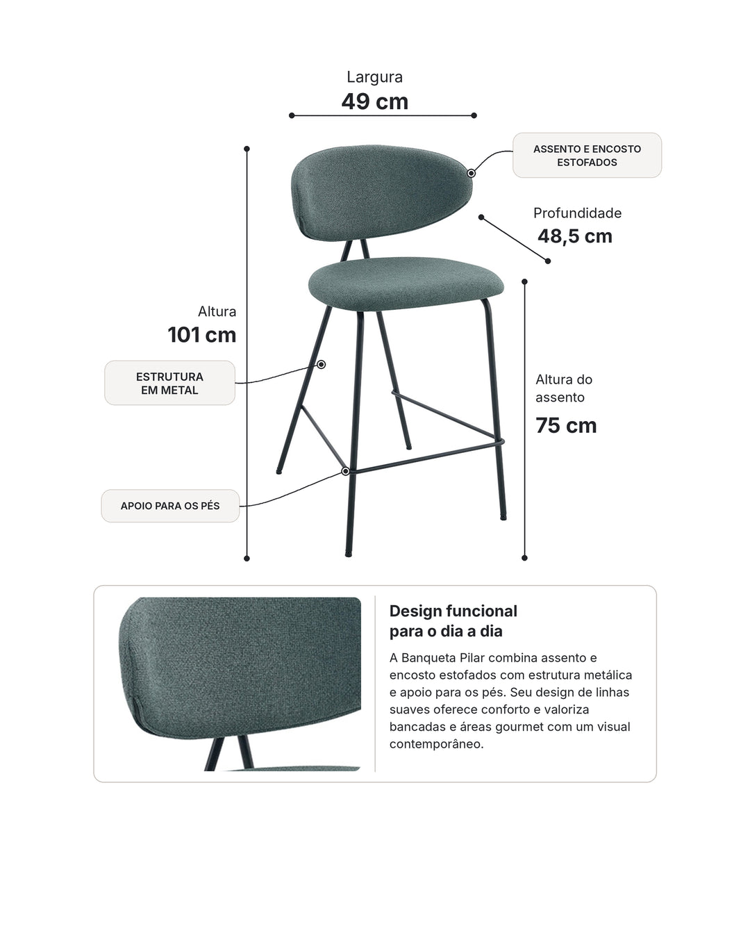 Banqueta Alta de Aço Estofada Elora - Verde