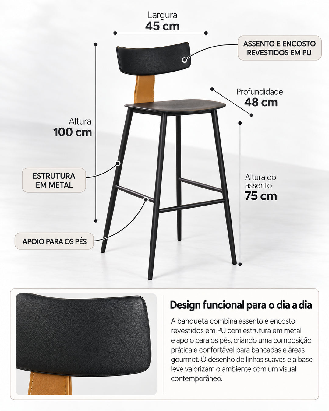Banqueta Alta de Aço Estofada Évoa - Preto e Caramelo