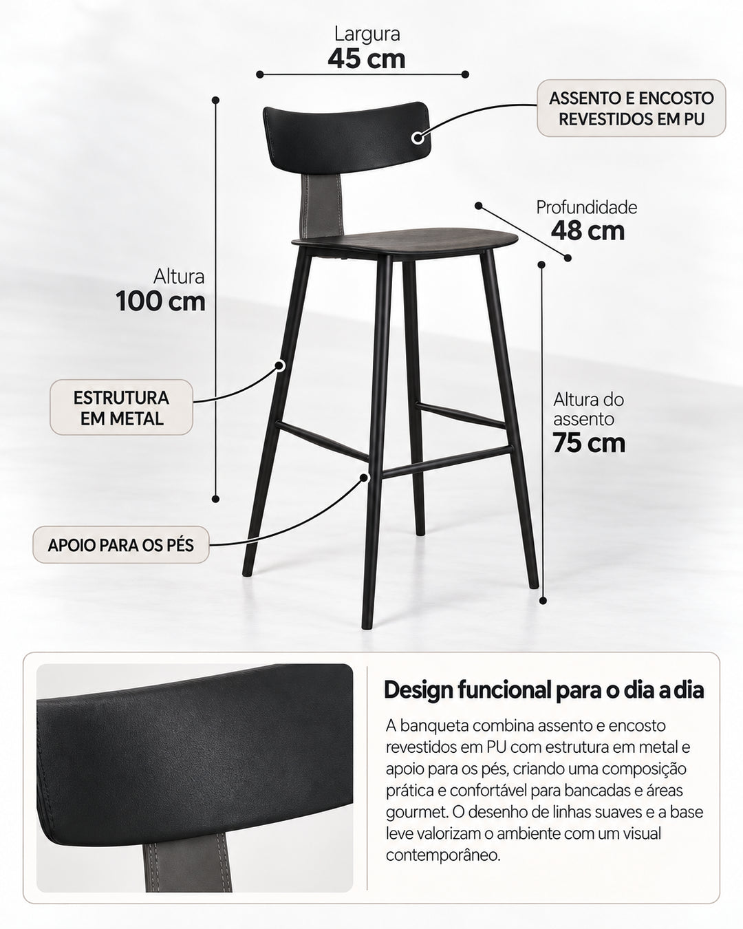 Banqueta Alta de Aço Estofada Évoa - Preto e Cinza