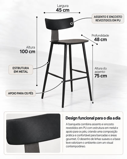Banqueta Alta de Aço Estofada Évoa - Preto e Cinza