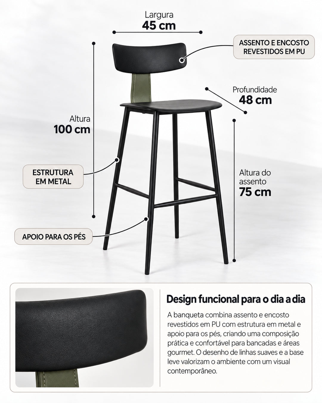 Banqueta Alta de Aço Estofada Évoa - Preto e Verde