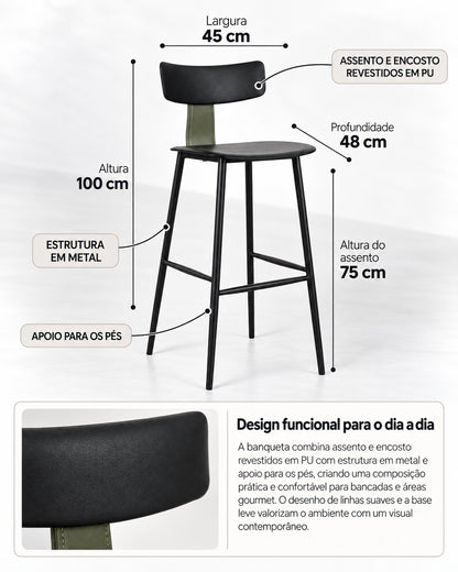 Banqueta Alta de Aço Estofada Évoa - Preto e Verde