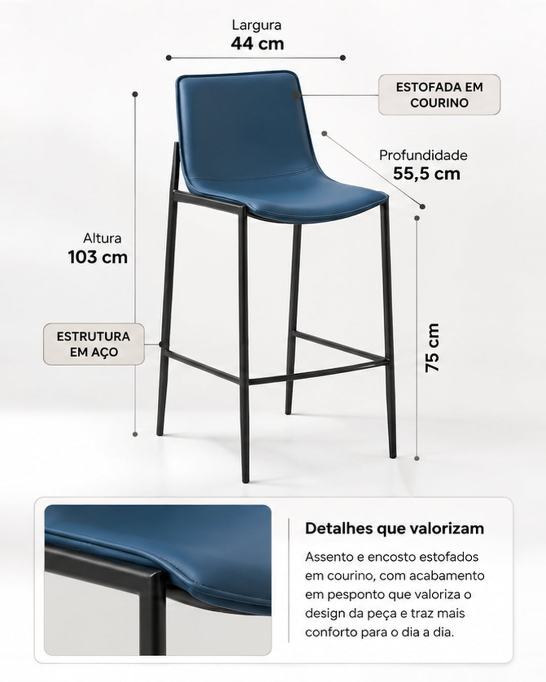 Banqueta Alta de Aço Estofada Kora - Azul