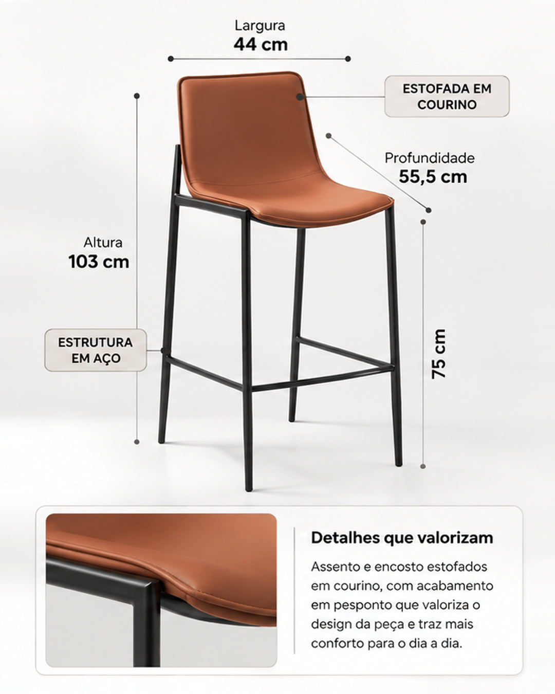 Banqueta Alta de Aço Estofada Kora - Caramelo