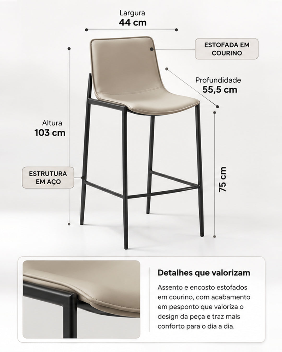 Banqueta Alta de Aço Estofada Kora - Fendi