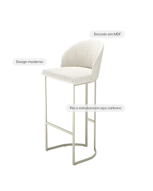 Banqueta Alta de Aço Estofada com Braços Beverly - Champanhe c/ Bouclé Off White