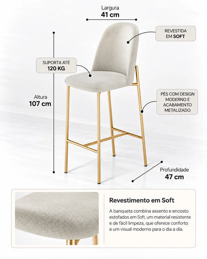 Banqueta Alta de Aço Estofada Lucille - Dourado c/ Soft Palha