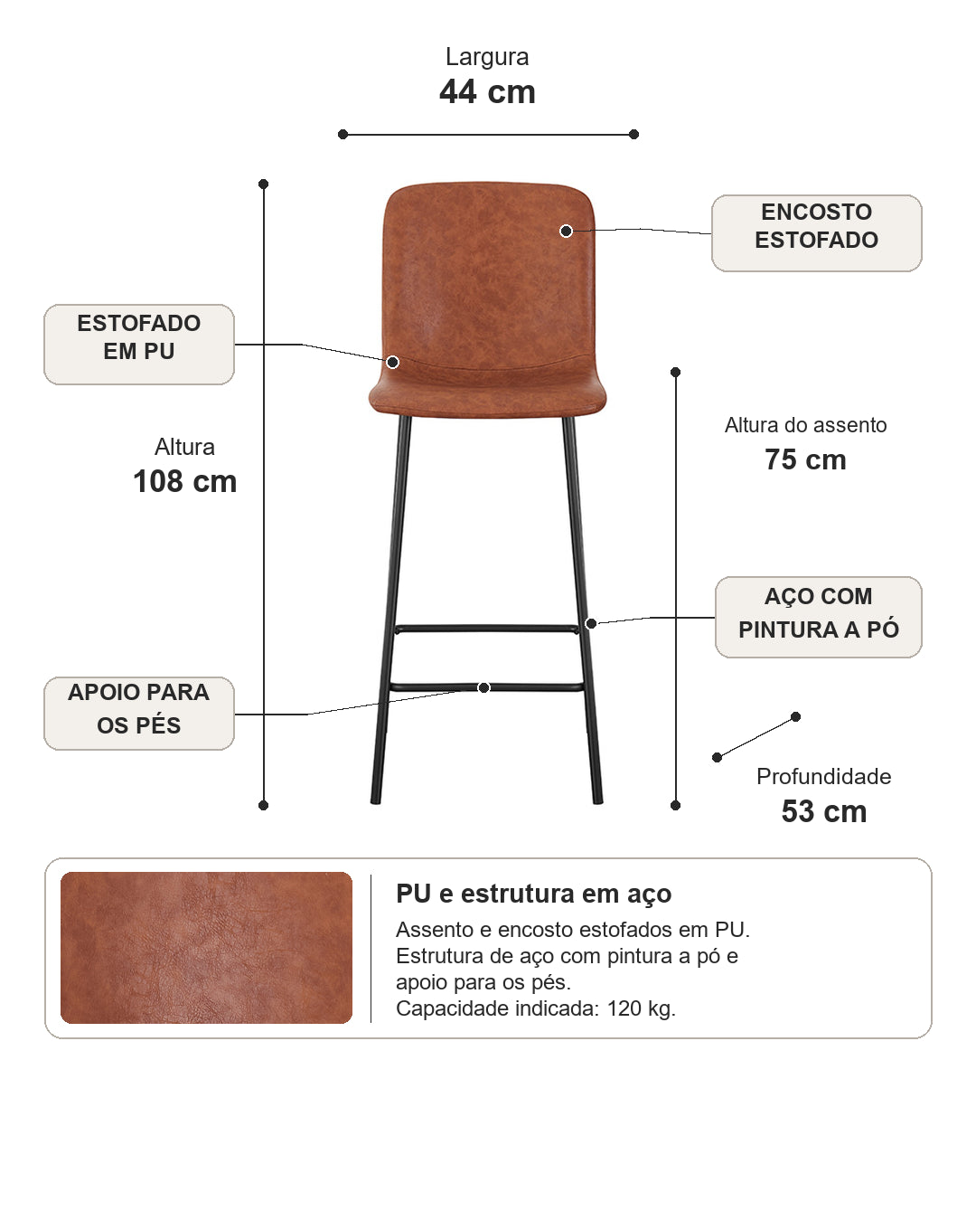 Banqueta Alta de Aço Estofada Millow - Marrom