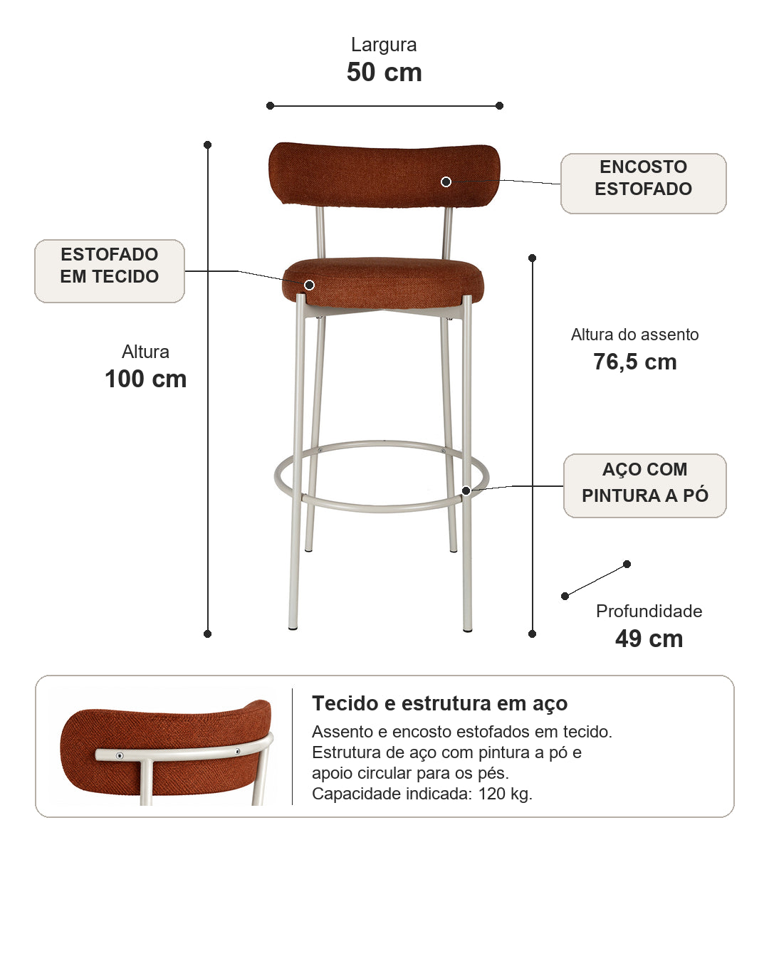 Banqueta Alta de Aço Estofada Olyra - Marrom