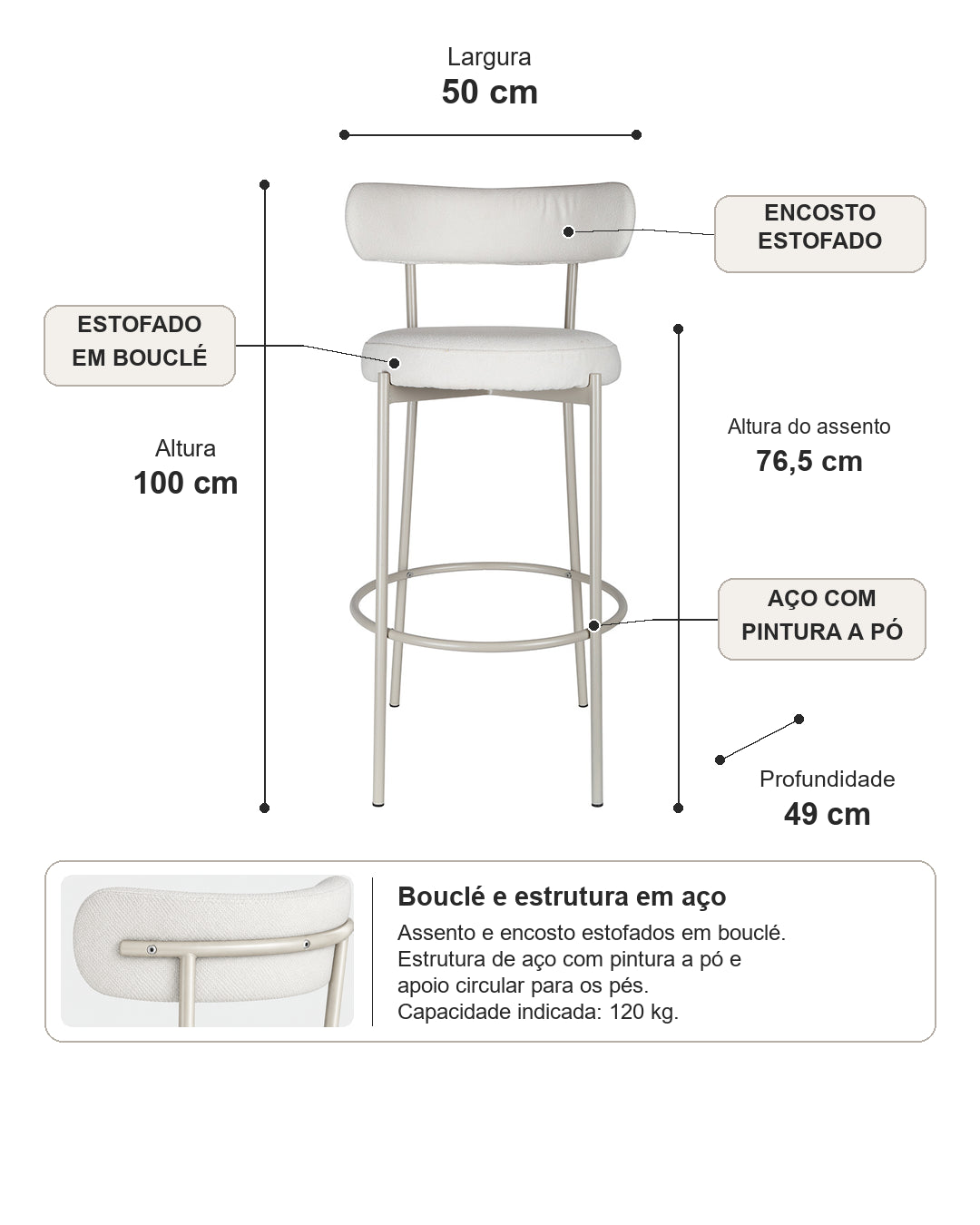 Banqueta Alta de Aço Estofada Olyra - Off White