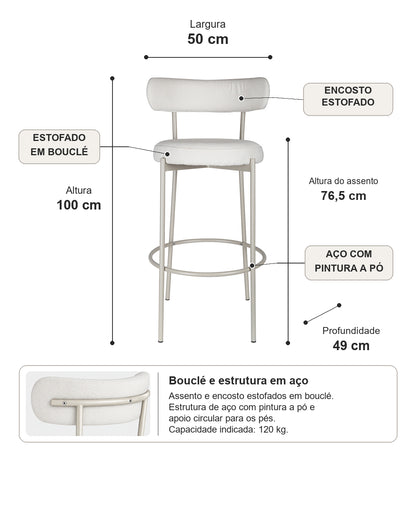 Banqueta Alta de Aço Estofada Olyra - Off White