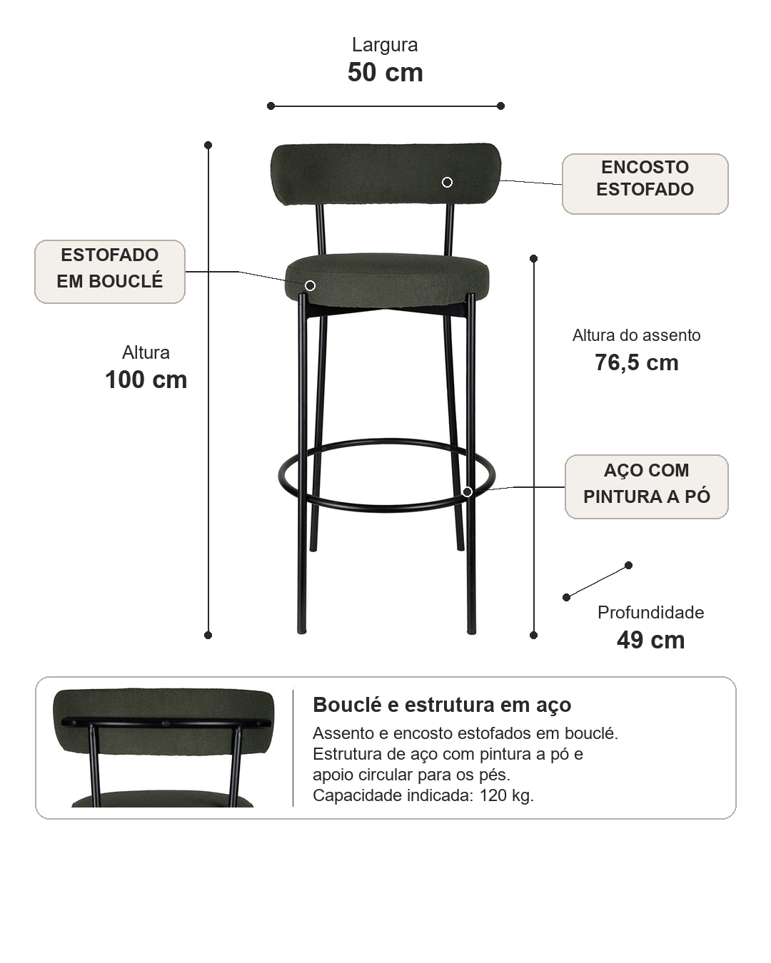 Banqueta Alta de Aço Estofada Olyra - Verde
