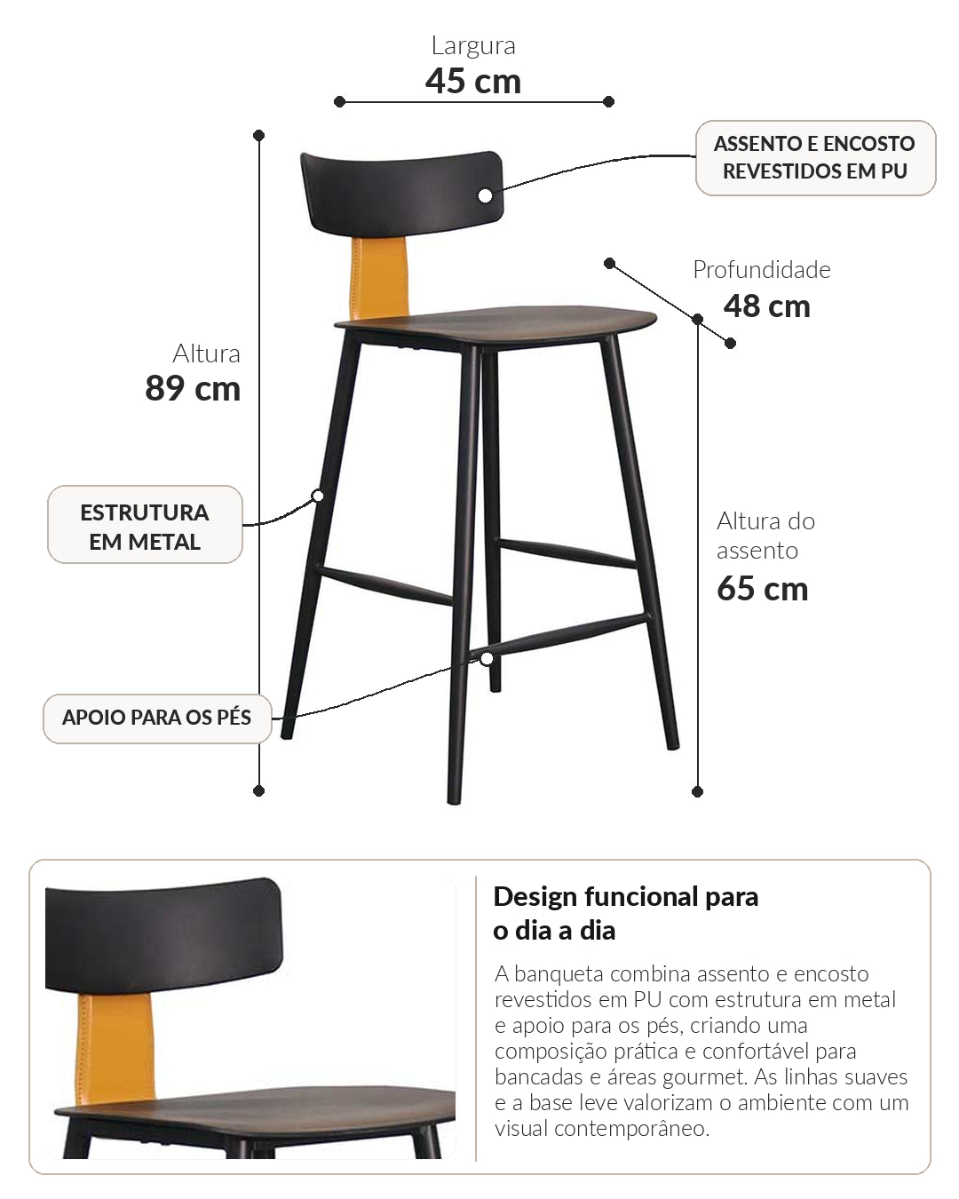 Banqueta Baixa de Aço Estofada Évoa - Preto e Caramelo