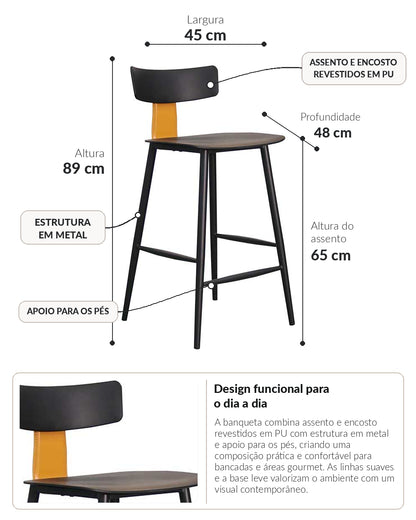 Banqueta Baixa de Aço Estofada Évoa - Preto e Caramelo
