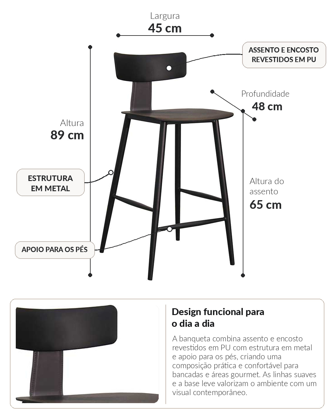 Banqueta Baixa de Aço Estofada Évoa - Preto e Cinza