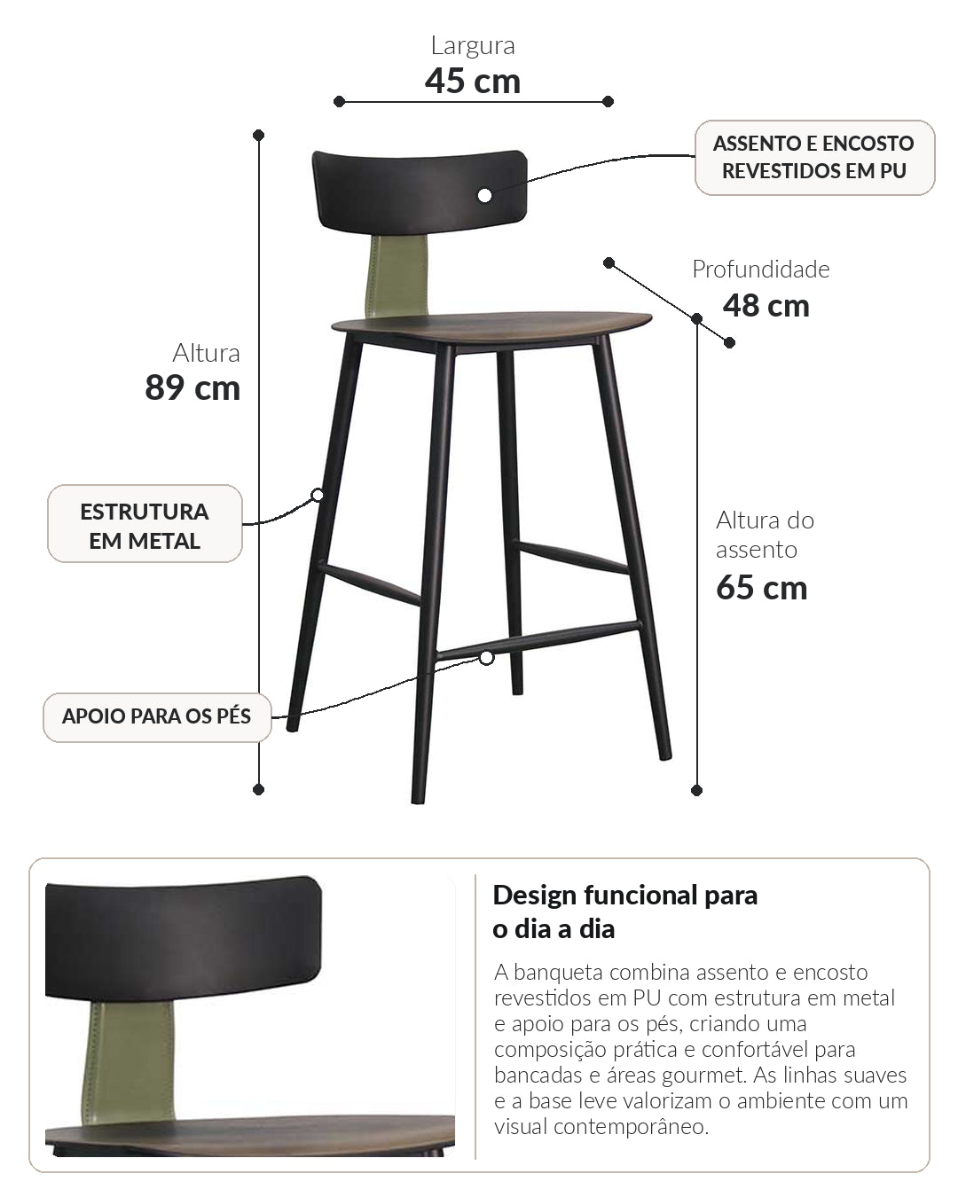 Banqueta Baixa de Aço Estofada Évoa - Preto e Verde
