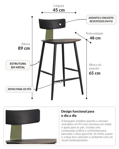 Banqueta Baixa de Aço Estofada Évoa - Preto e Verde