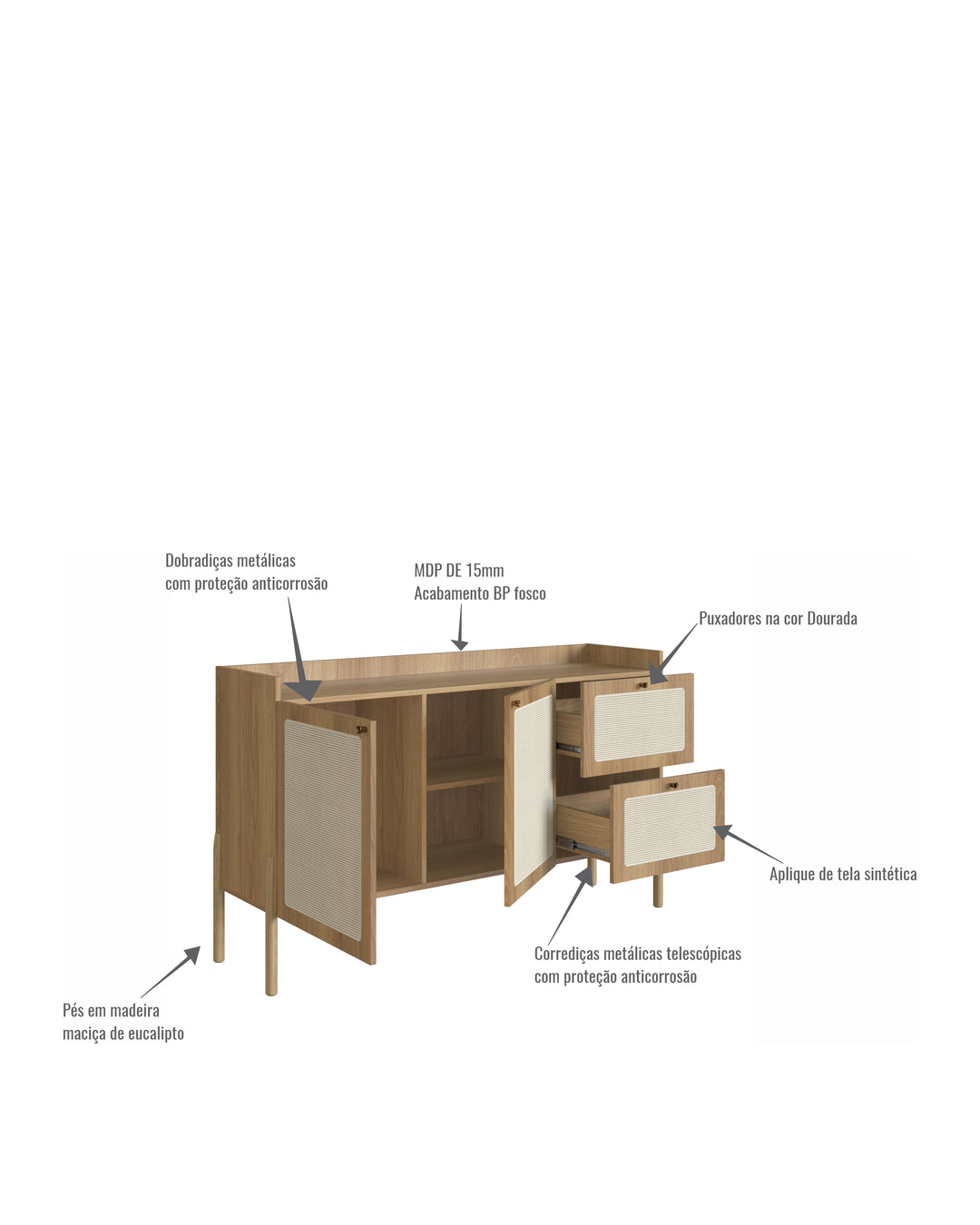 Buffet 2 Portas 2 Gavetas Palhinha Urdi  139 cm - Mel