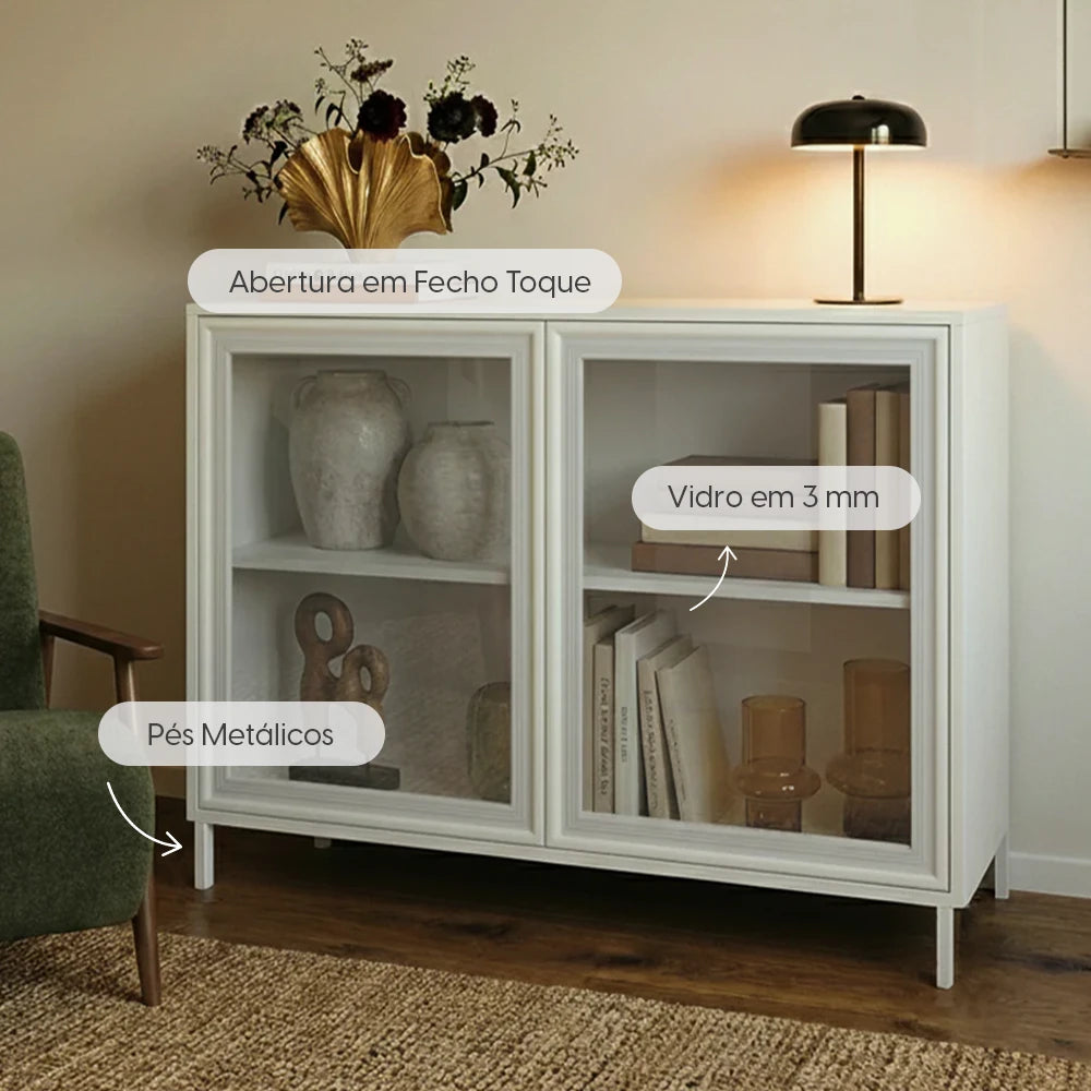 Buffet 2 Portas com Vidro Vitria 91 cm - Branco
