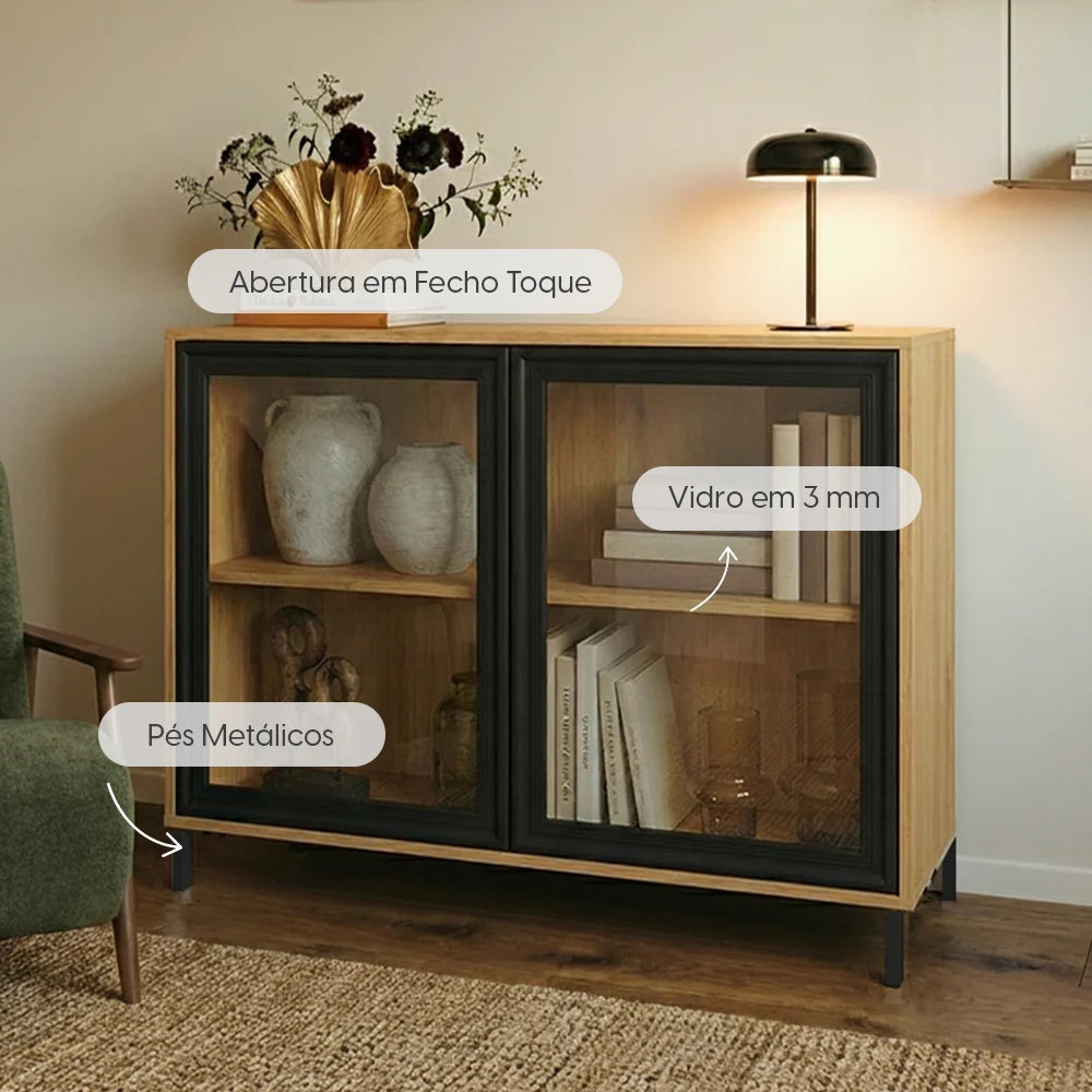 Buffet 2 Portas com Vidro Vitria 91 cm - Mel c/ Preto