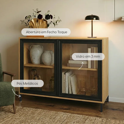 Buffet 2 Portas com Vidro Vitria 91 cm - Mel c/ Preto