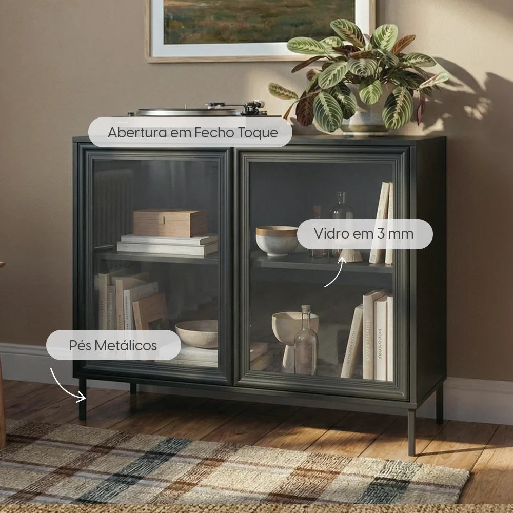 Buffet 2 Portas com Vidro Vitria 91 cm - Preto