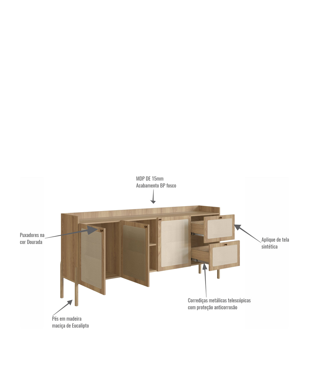 Buffet 3 Portas 2 Gavetas Palhinha Urdi 180 cm - Mel