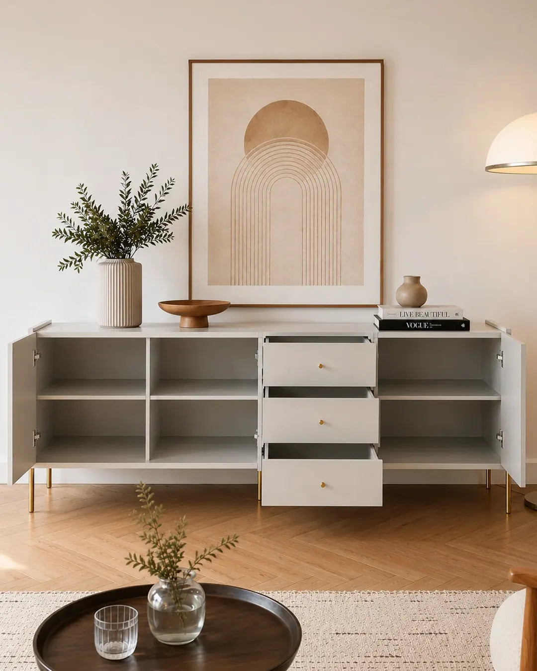 Buffet 3 Portas 3 Gavetas Jasper 184 cm - Off White Fosco c/ Dourado