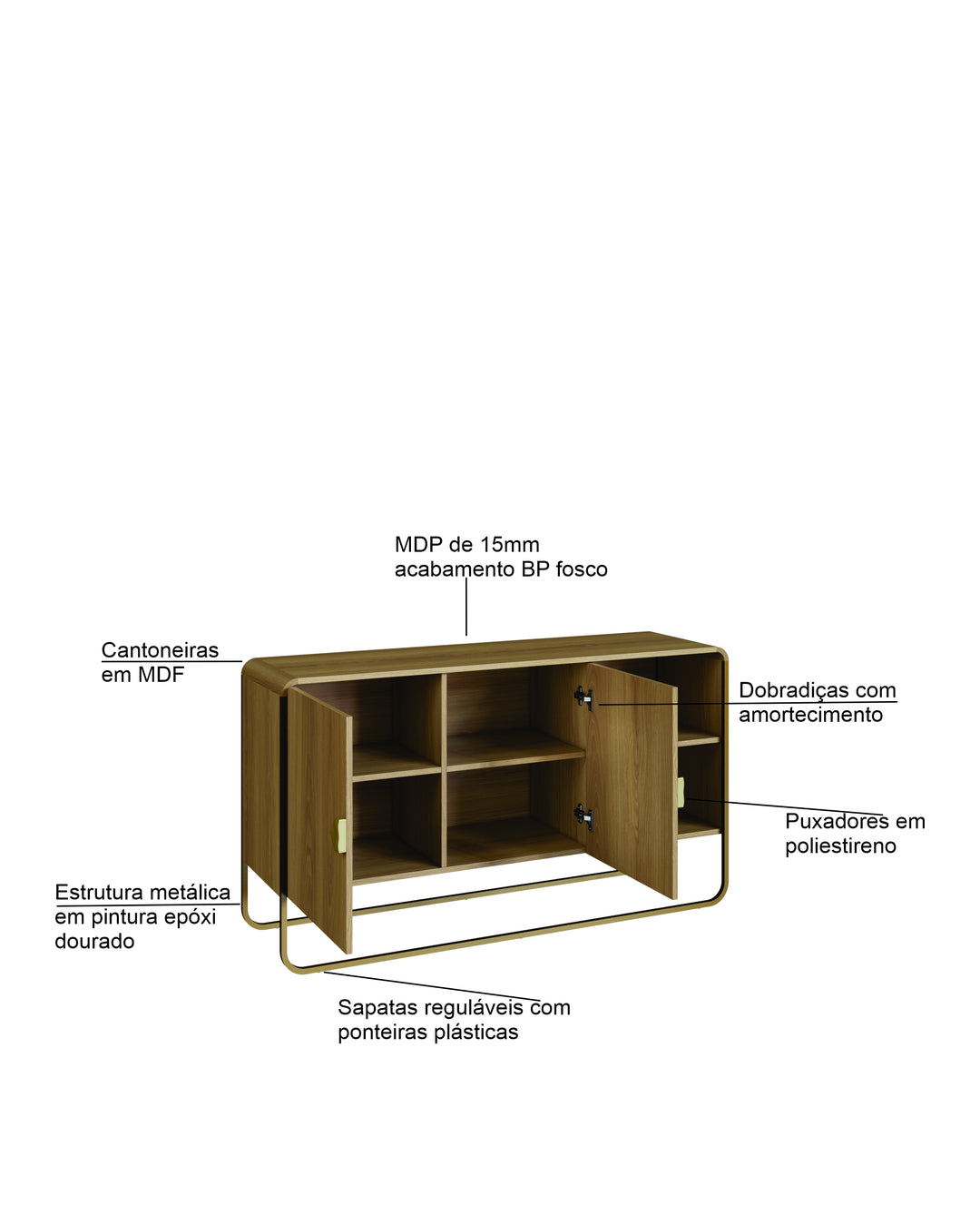 Buffet 2 Portas 1 Prateleira Pés em Aço Dunna 135 cm - Mel c/ Dourado