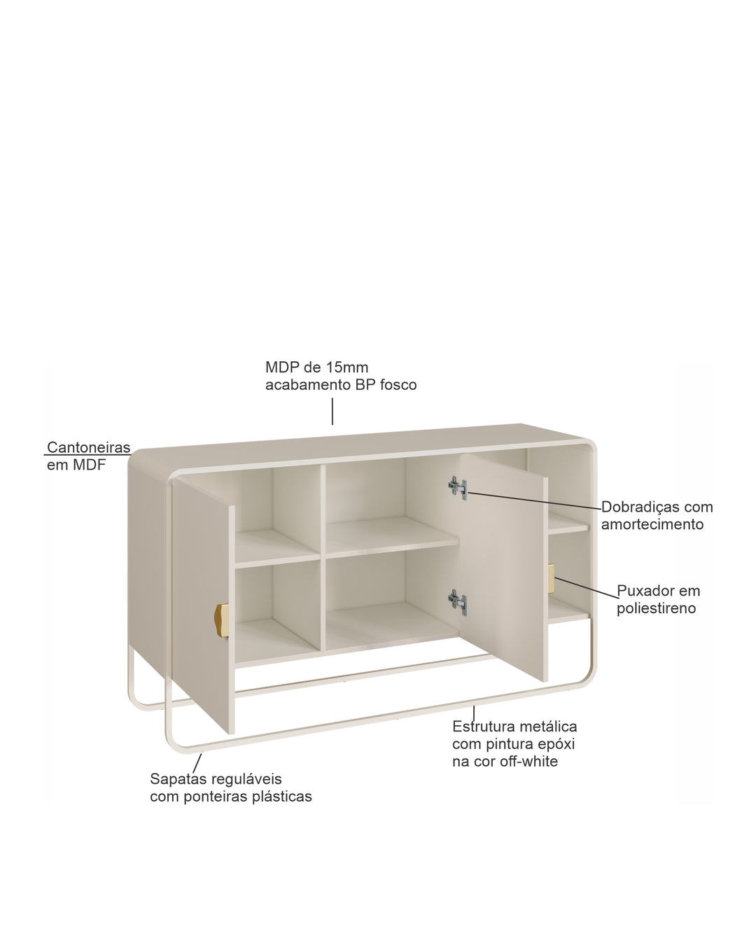 Buffet 2 Portas 1 Prateleira Pés em Aço Dunna 135 cm - Off White c/ Dourado