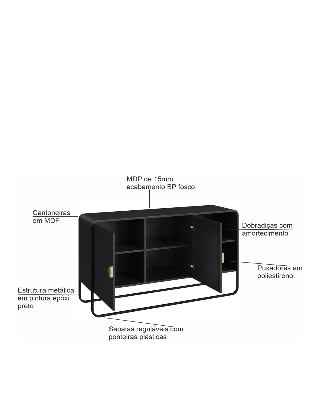Buffet 2 Portas 1 Prateleira Pés em Aço Dunna 135 cm - Preto c/ Dourado